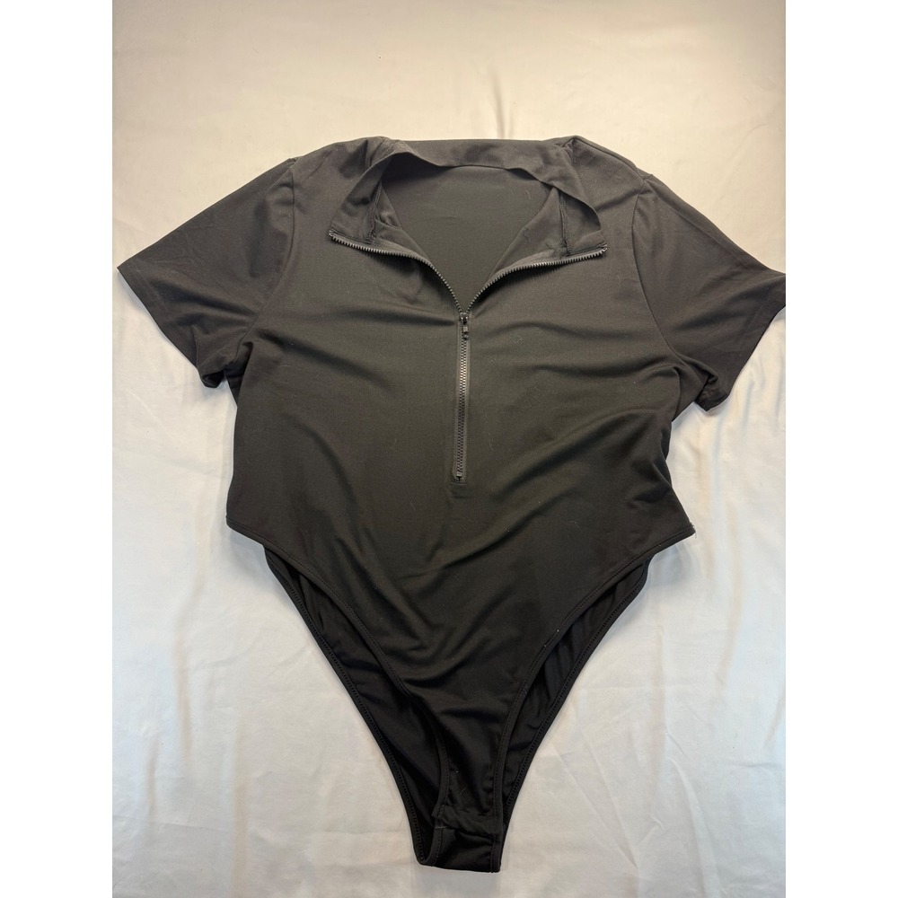 SHEIN Curve Womens Plus Size 4XL Black Bodysuit Quarter Zip Short Sleeve Top